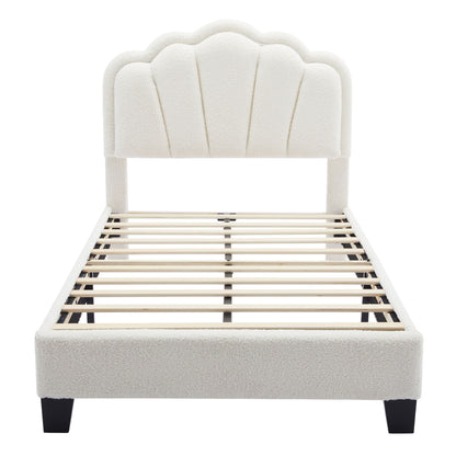 Twin Size Upholstered Flower-Shape Bed, Elegant Flowers Headboard With LED Light Strip, Sherpa Fabric Platform Bed With Slats Support - White
