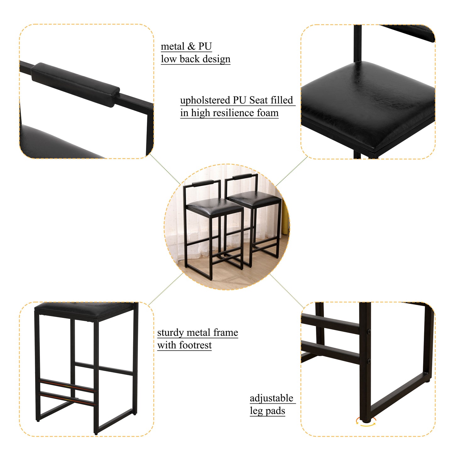 Elegant Bar Stool Set With Backrest And Footrest, Upholstered, Iron Frame, Counter Height - Black