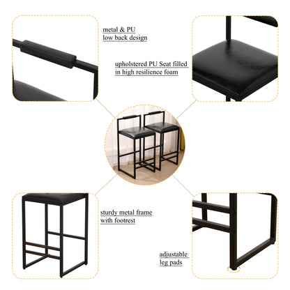 Elegant Bar Stool Set With Backrest And Footrest, Upholstered, Iron Frame, Counter Height - Black