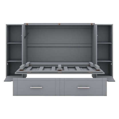 Full Size Murphy Bed With Shelves, Drawers And USB Ports - Gray