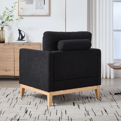 Wide Modern Farmhouse Performance Accent Chair With Natural Wood Legs, Wood Base Reading Armchair Single Sofa With 2 Bolster Pillows For Living Room Offices And Lounge - Black