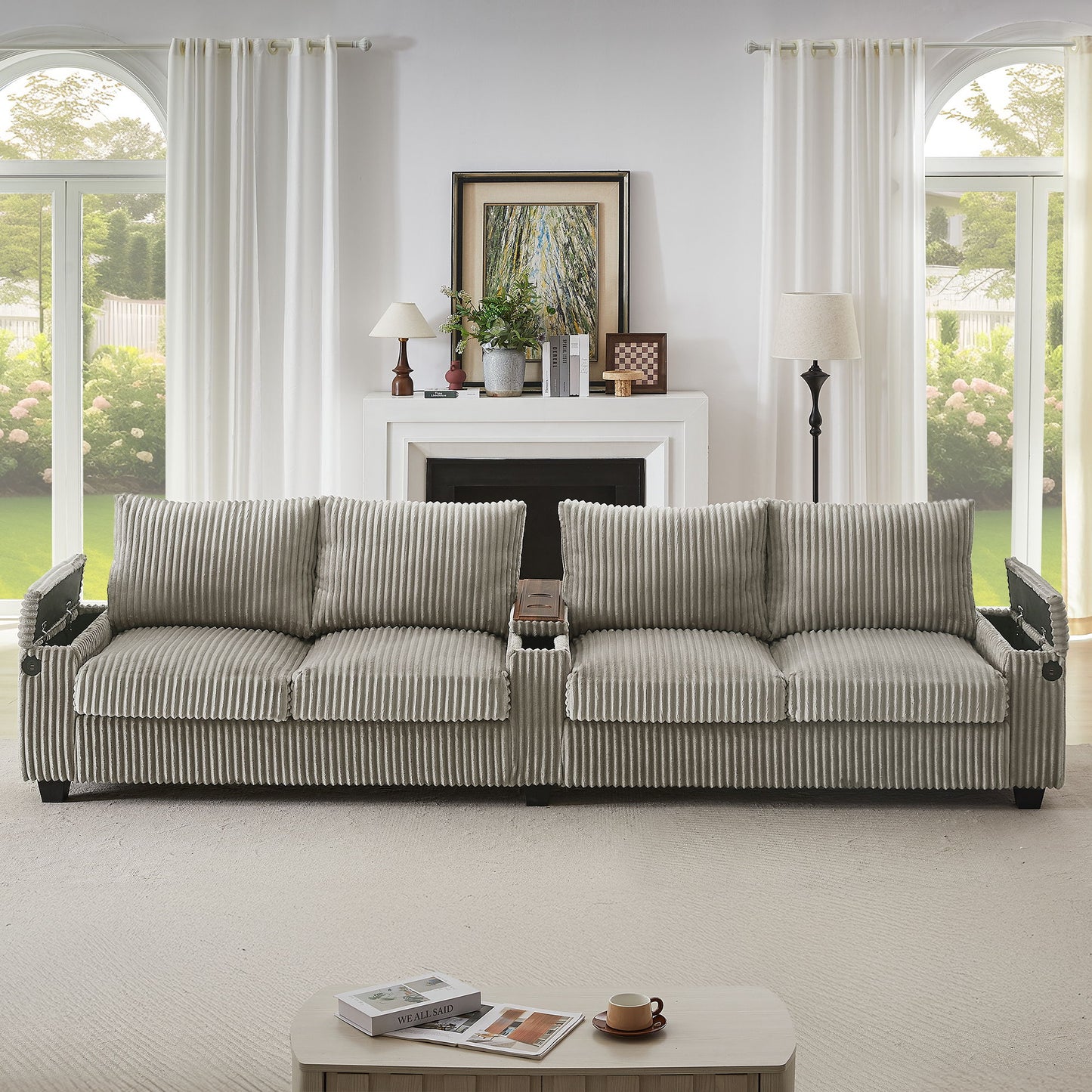 Modern 4 Seater Corduroy Sofa Couch With USB Ports, Hidden Storage Arms, And Flip Top Cup Holders - Brown - Brown