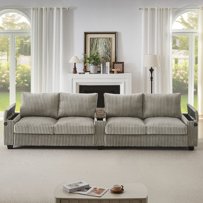 Modern 4 Seater Corduroy Sofa Couch With USB Ports, Hidden Storage Arms, And Flip Top Cup Holders - Brown - Brown
