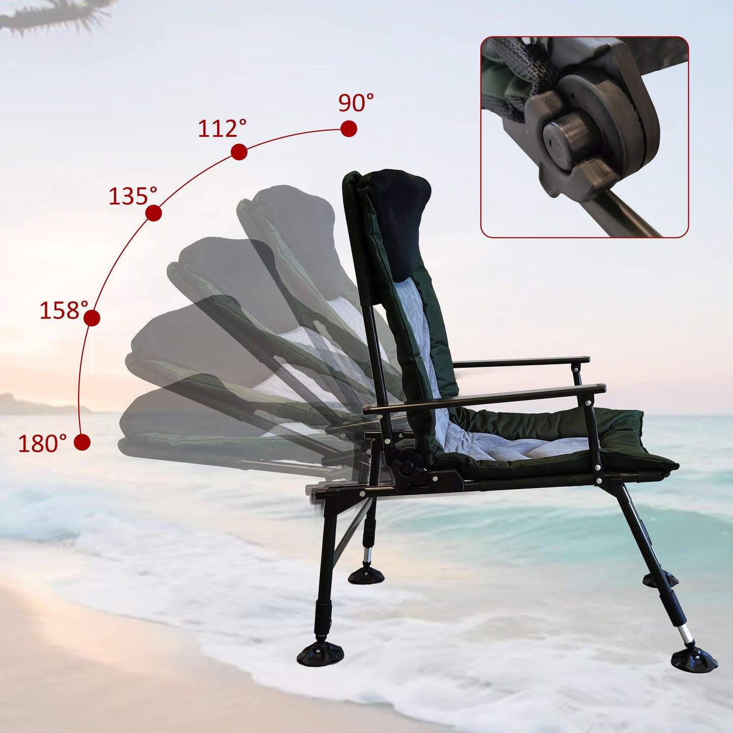 Camping Lounge Chair, Portable Folding Reclining Camping Chair With Adjustable Backrest For Indoor And Outdoor Camping Beach Hiking Fishing - Green / Black