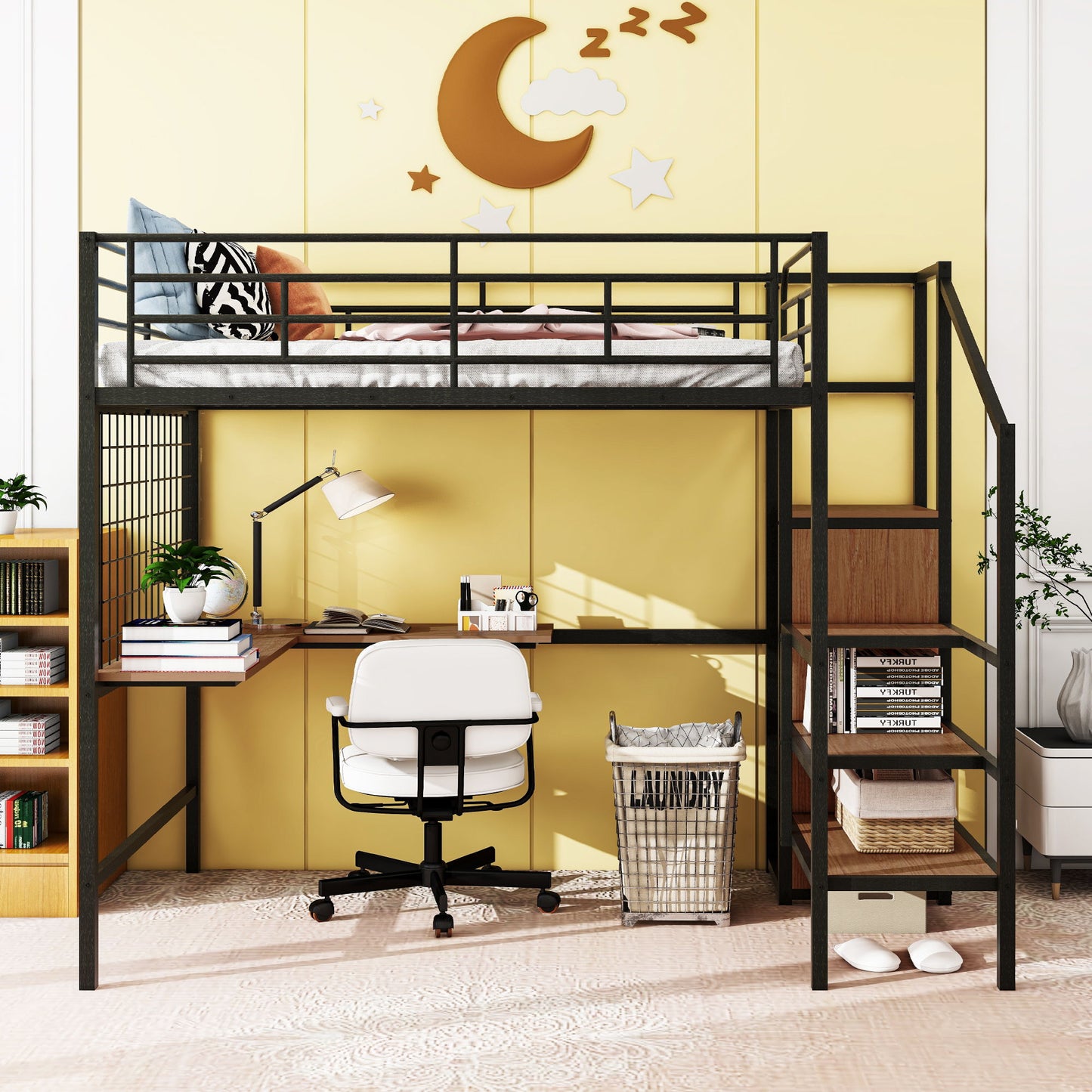 Full Size Loft Bed With Desk And Grid, Stylish Frame With Lateral Storage Ladder And Wardrobe - Black