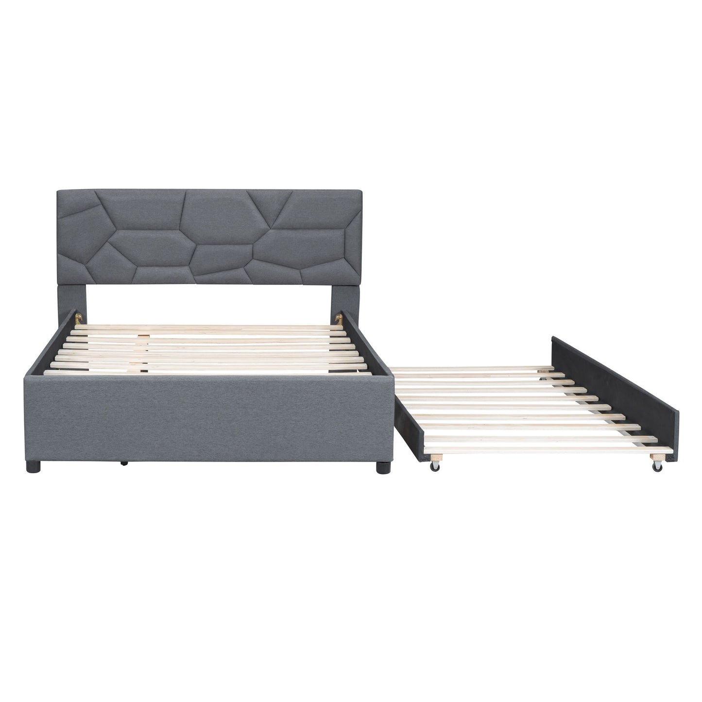 Full Size Upholstered Platform Bed With Brick Pattern Headboard And Twin Size Trundle - Gray
