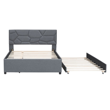 Full Size Upholstered Platform Bed With Brick Pattern Headboard And Twin Size Trundle - Gray