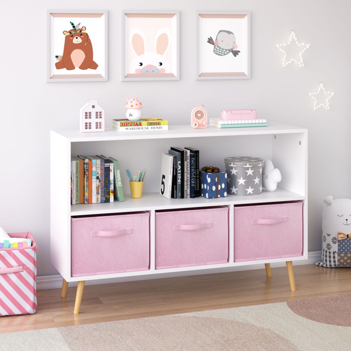 Kids Bookcase With Collapsible Fabric Drawers, Children's Book Display, Toy Storage Cabinet Organizer - White / Pink