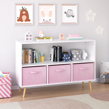 Kids Bookcase With Collapsible Fabric Drawers, Children's Book Display, Toy Storage Cabinet Organizer - White / Pink