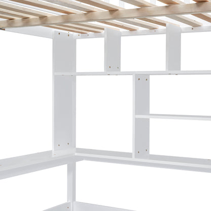 Full Size Loft Bed With Bookshelf, Drawers, Desk, And Wardrobe - White