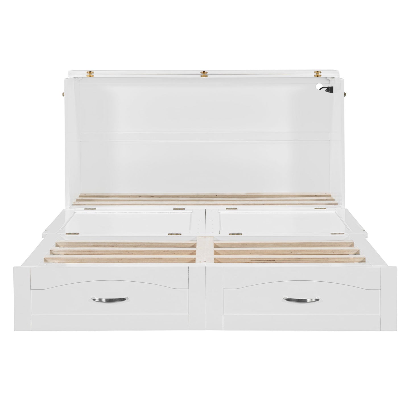 Queen Size Murphy Wall Bed With Drawer And A Set Of Sockets & USB Ports, Pulley Structure Design - White