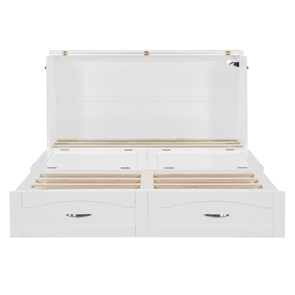 Queen Size Murphy Wall Bed With Drawer And A Set Of Sockets & USB Ports, Pulley Structure Design - White