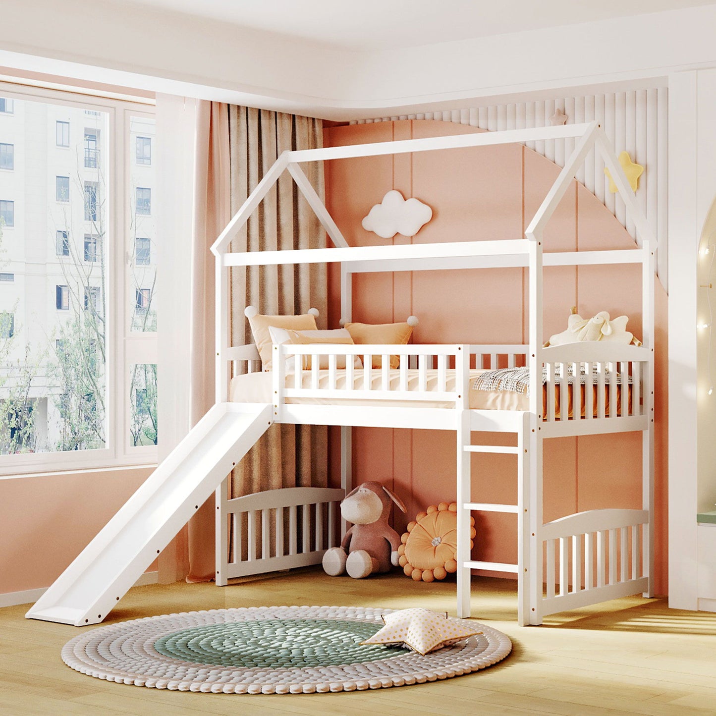 Twin House Loft Bed With Slide - White