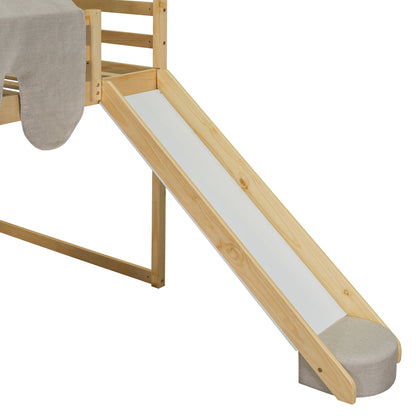 Full Size Loft Bed House Shaped Frame With Tent - Natural / Beige