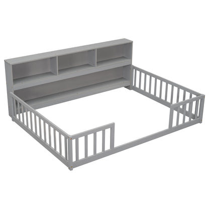 Full Floor Bed With Side Bookcase, Shelves, Guardrails - Gray