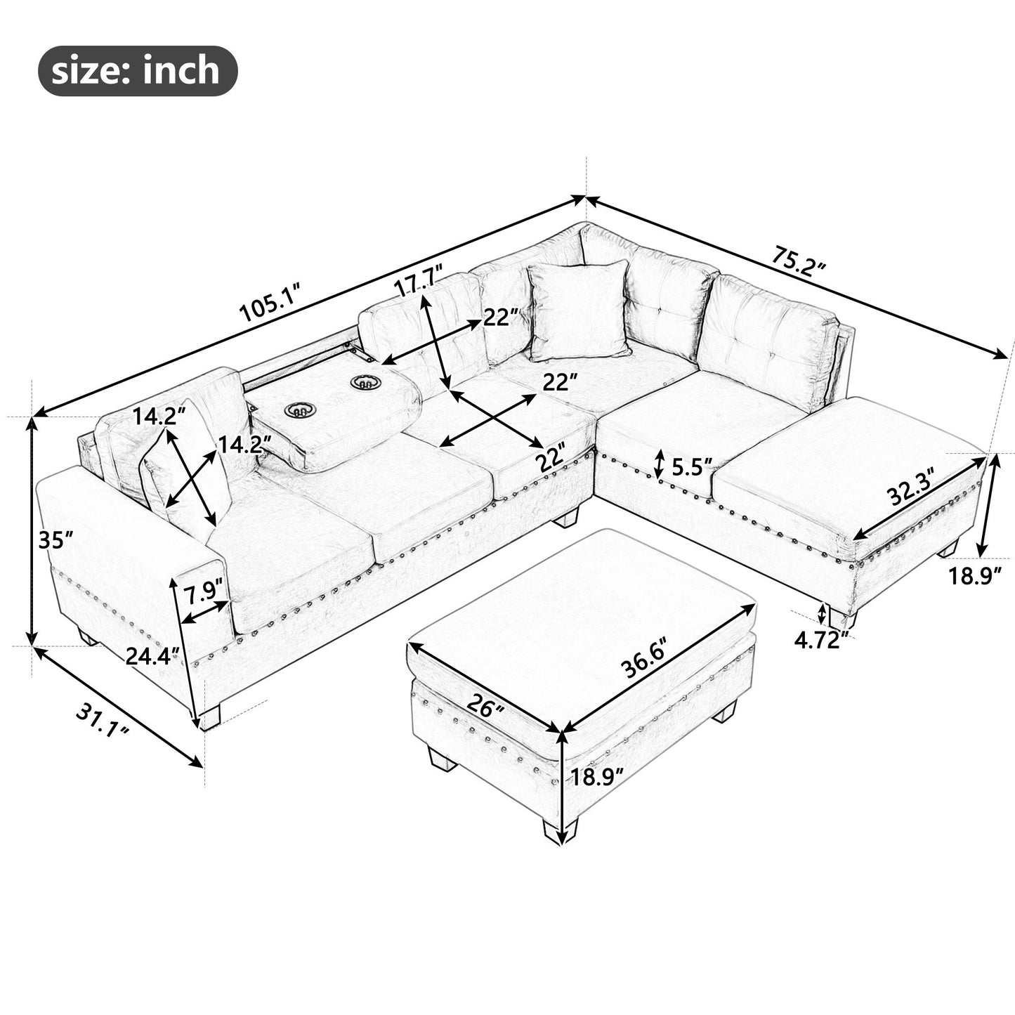 Modern Sectional Sofa With Storage Ottoman, L - Shape Couch With 2 Pillows And Cup Holders - Gray