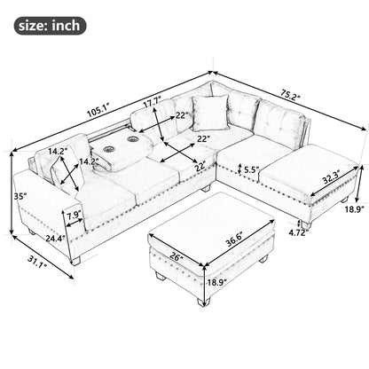 Modern Sectional Sofa With Storage Ottoman, L - Shape Couch With 2 Pillows And Cup Holders - Gray