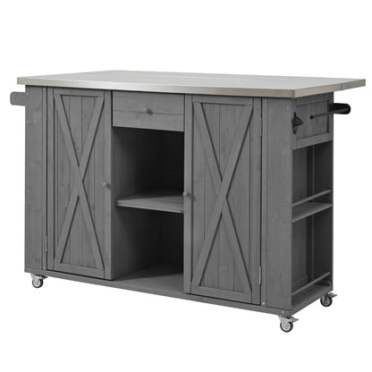 Outdoor Kitchen Island Fir Wood Kitchen Island With Stainless Steel Top, Ample Storage Space, Towel And Spice Racks And A Bottle Opener For Outdoor - Gray