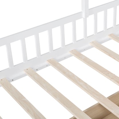 Twin Size House Bed With Sofa, Kids Platform Bed With 2 Drawers And Storage Shelf - White