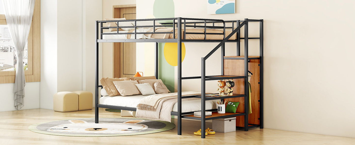 Full Over Full Bunk Bed With Lateral Storage Ladder And Wardrobe - Black