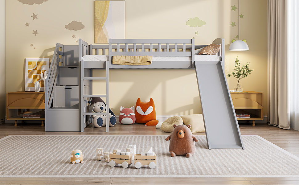 Twin Size Loft Stairway Bed With 2 Drawers And Slide - Gray