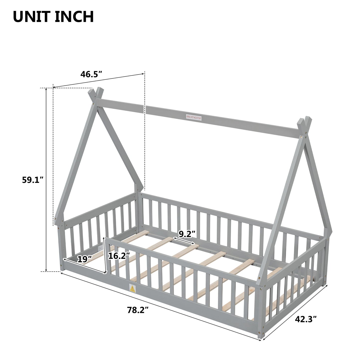 Twin Tent-Shaped Floor Bed, Teepee Bed With Guardrails, Slats - Gray