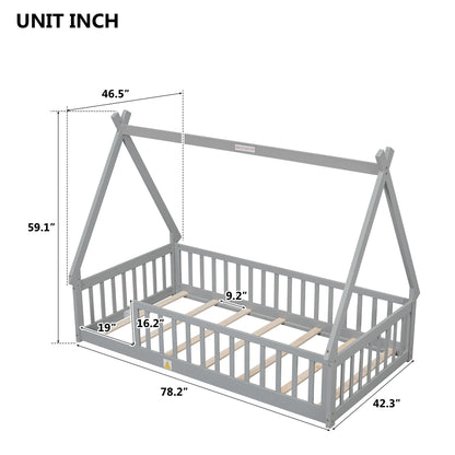 Twin Tent-Shaped Floor Bed, Teepee Bed With Guardrails, Slats - Gray