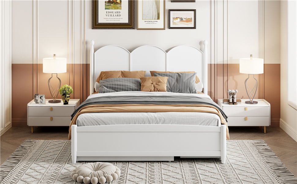 Queen Size Platform Bed With With 2 Big Drawers, Twin Long Size Trundle - White