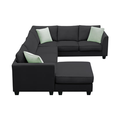 Sectional Sofa Couches Living Room Sets, 7 Seats Modular Sectional Sofa With Ottoman, L Shape Fabric Sofa Corner Couch Set With 3 Pillows - Black