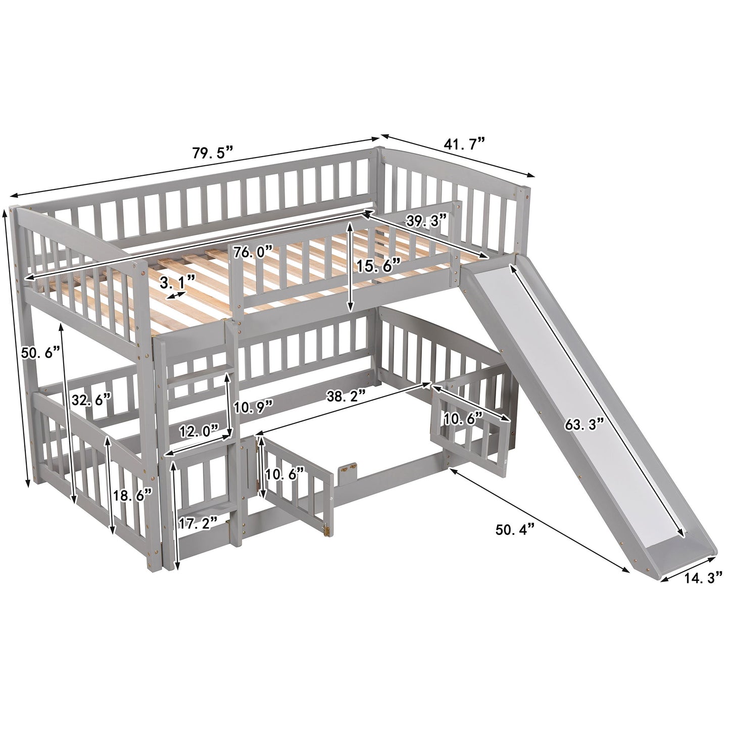 Twin Over Twin Low Bunk Bed With Slide, Fence And Ladder - Gray