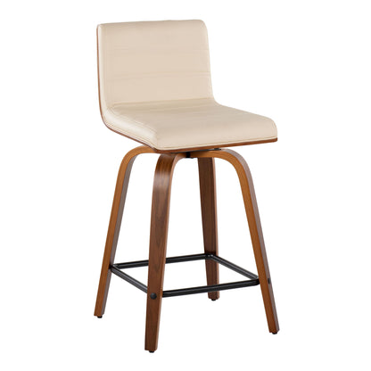 Vasari - Mid-Century Modern Fixed Height Counter Stool With Swivel With Square Footrest (Set of 2) - Walnut / Cream