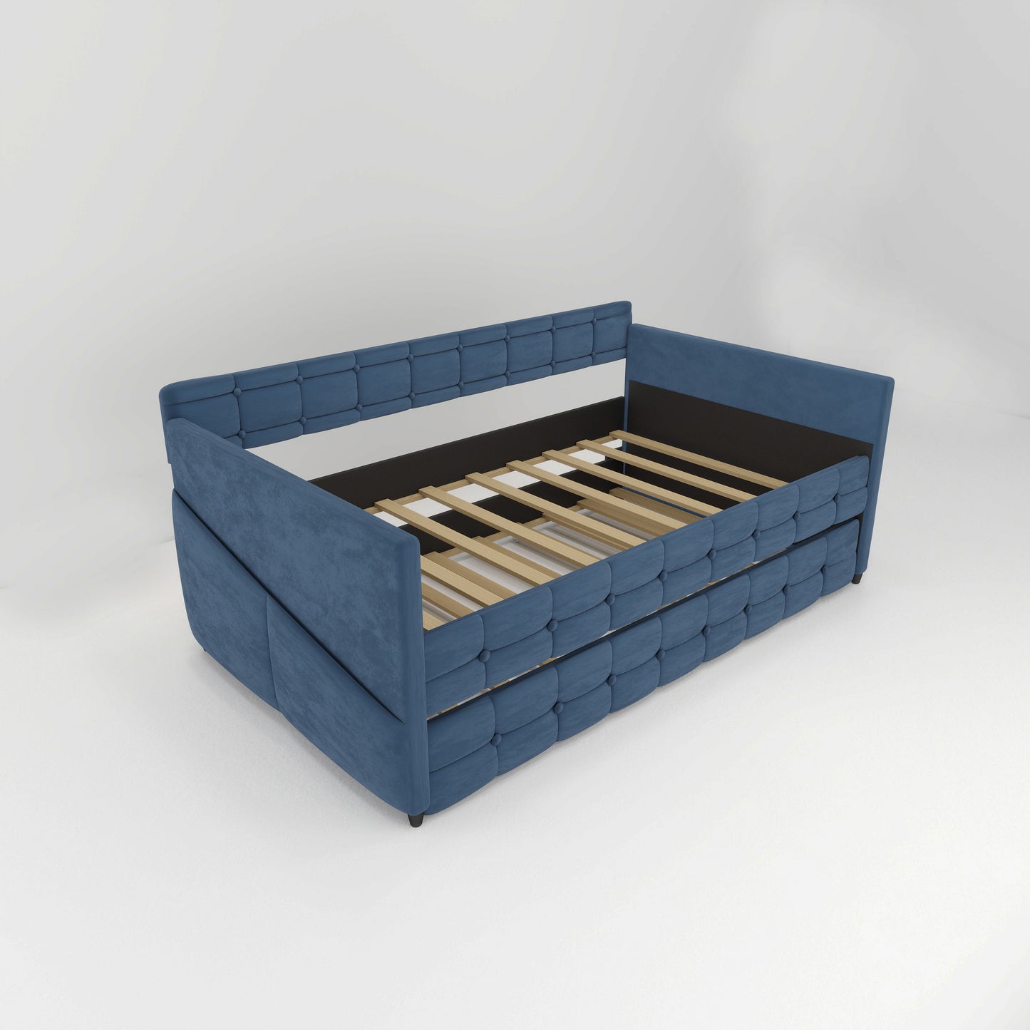 Upholstered Twin Size Daybed With Trundle, Velvet Fabric, No Box Spring Required, Comfortable And Simple Design Models - Blue