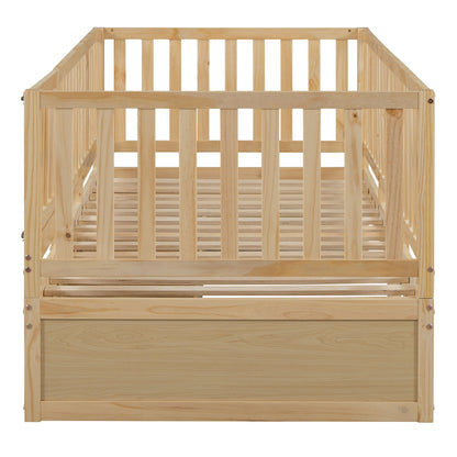 Twin Size Daybed With Fence Guardrails And 2 Drawers, Versatile Split Floor Bed & Daybed - Natural
