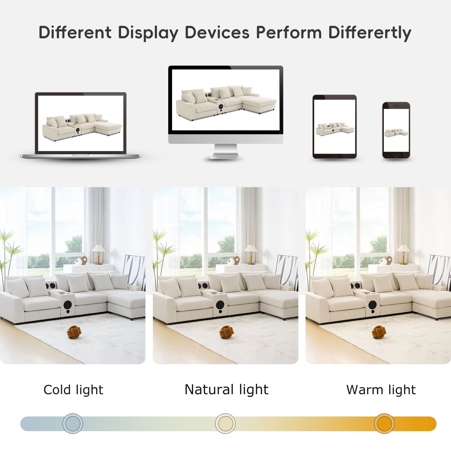 Sectional With Bluetooth Speakers L Shaped Couch With Console USB Charger, Cup Holders Storage Ottoman Deep And Wide Seat Cloud Sofa - Cream