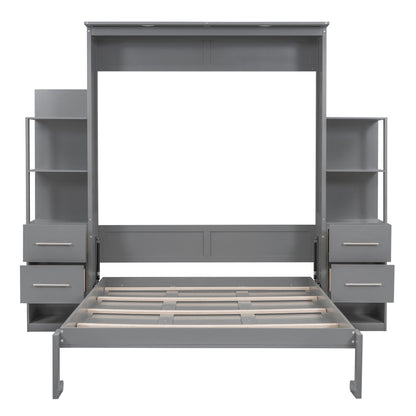 Queen Size Murphy Wall Bed With Shelves, Drawers And LED Lights - Gray