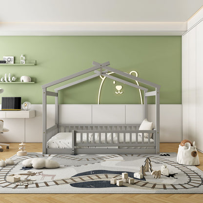 Full Size Bed House Bed Frame With Fence - Gray