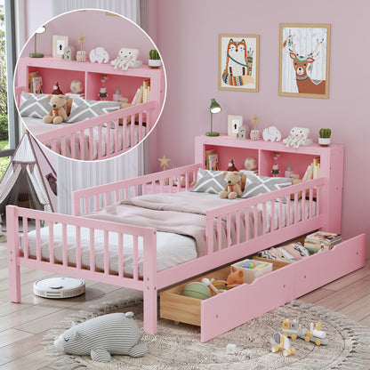 Twin Size Bed With Headboard Storage Rack, 2 Under Bed Drawers, 3 - Side Guardrails For Safety And Security - Pink