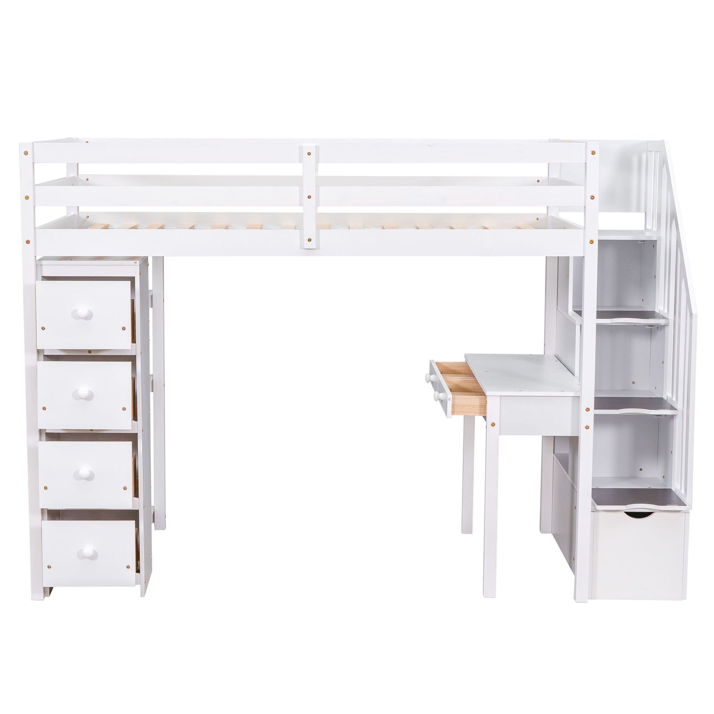 Twin Size Loft Bed With Storage Drawers, Desk And Stairs With Shelves - White