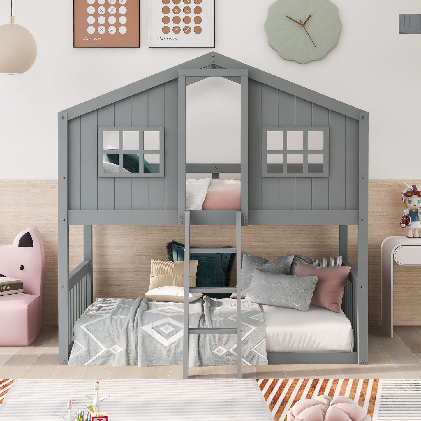 Twin Over Twin House Bunk Bed With Ladder - Gray