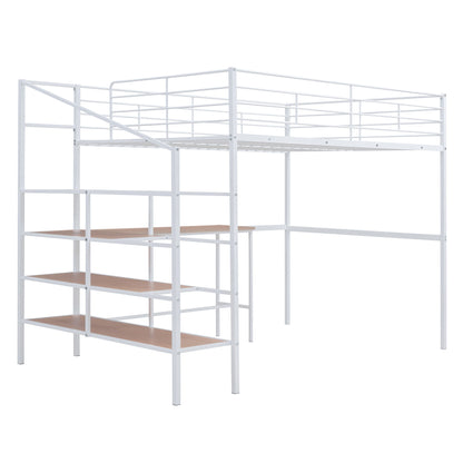 Full Size Loft Bed With Desk And Lateral Storage Ladder - White