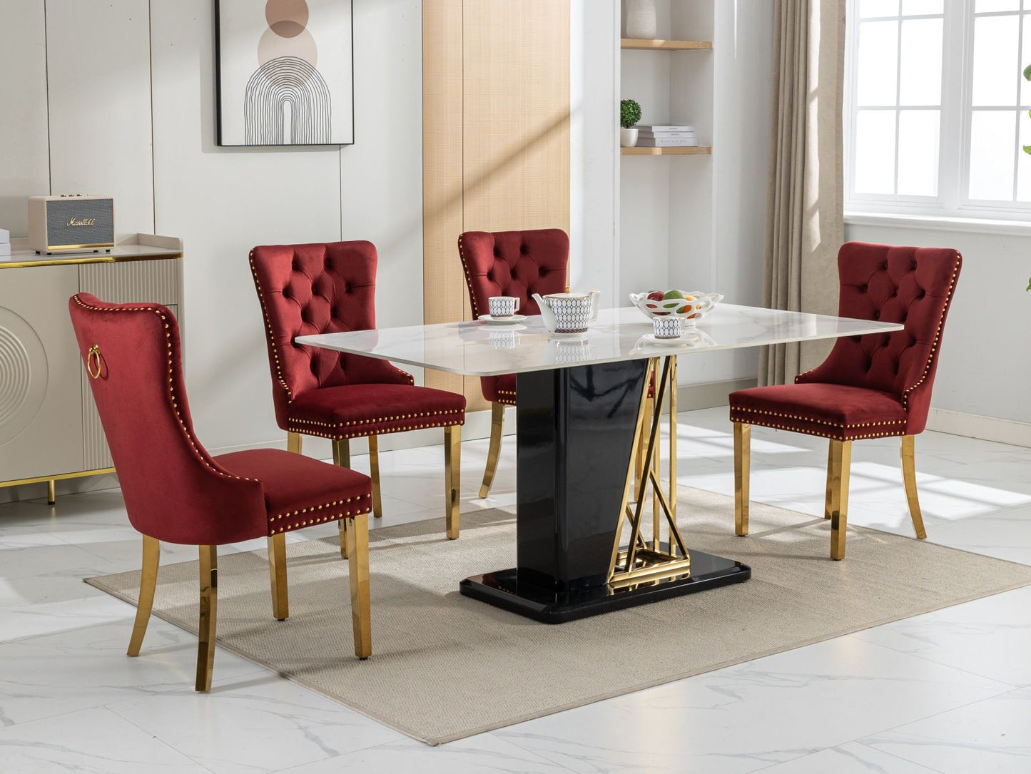 Nikki - Modern, High-End Tufted Solid Wood Contemporary Velvet Upholstered Dining Chair With Golden Stainless Steel Plating Legs, Nailhead Trim (Set of 2) - Burgundy