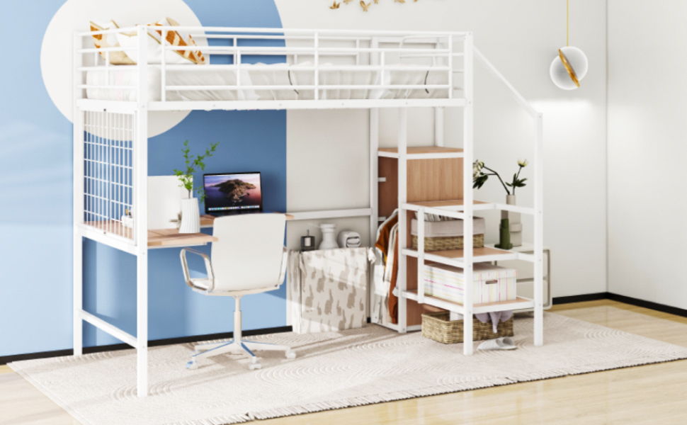 Full Size Loft Bed With Desk And Grid, Stylish Frame With Lateral Storage Ladder And Wardrobe - White
