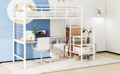 Full Size Loft Bed With Desk And Grid, Stylish Frame With Lateral Storage Ladder And Wardrobe - White