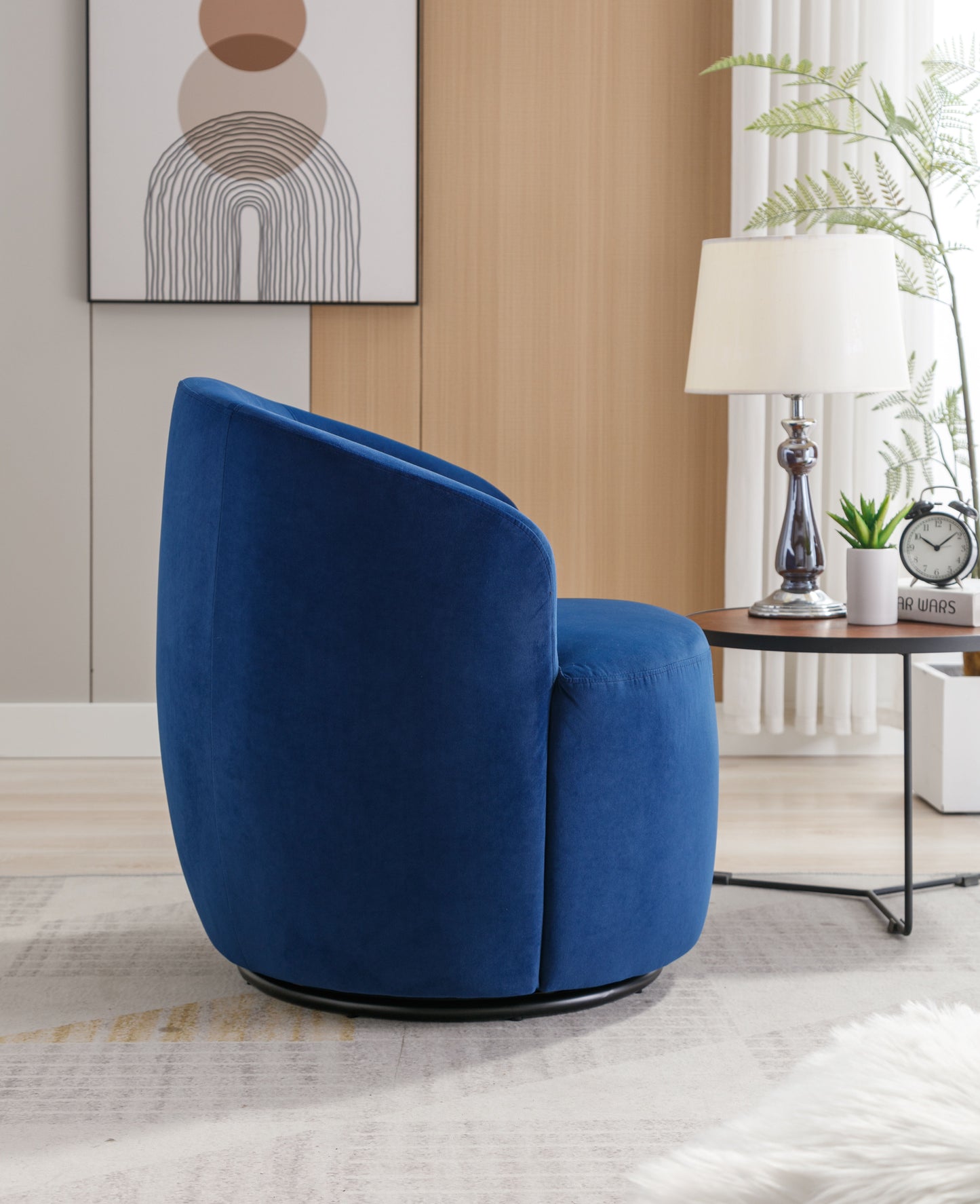 Velvet Fabric Swivel Accent Armchair Barrel Chair With Black Powder Coating Metal Ring - Blue