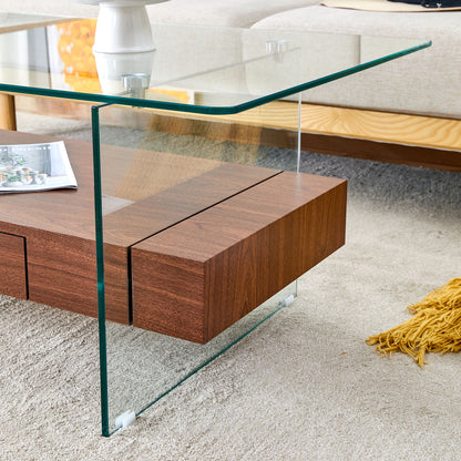 Modern 2 Tier Coffee Table With Drawer Clear Tempered Glass, Multifunctional Storage - Transparent / Wood