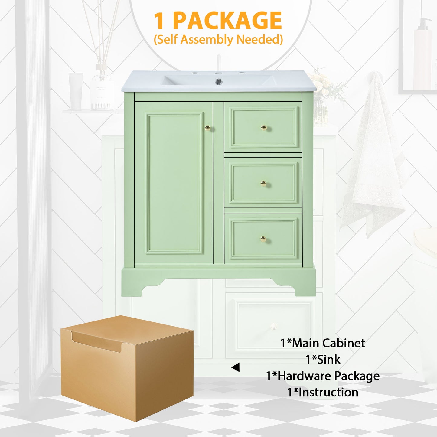 Bathroom Vanity Cabinet With Ceramic Basin, 3 Drawers And Adjustable Shelves - Green