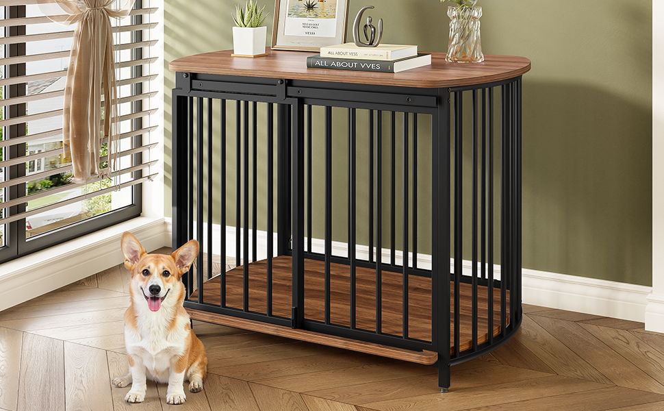 Furniture Style Dog Crate For Small And Medium Dogs, Wooden Cage Indoor Kennel Furniture, Modern Dog Crate End Table With Double Doors - Brown