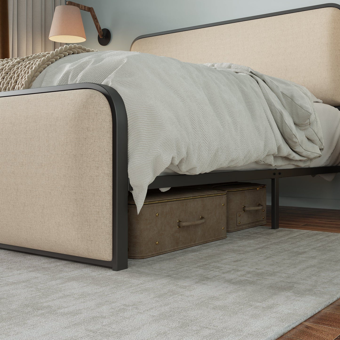 Modern Metal Bed Frame With Curved Upholstered Headboard And Footboard Bed With Under Bed Storage, Heavy Duty Metal Slats, King Size - Beige