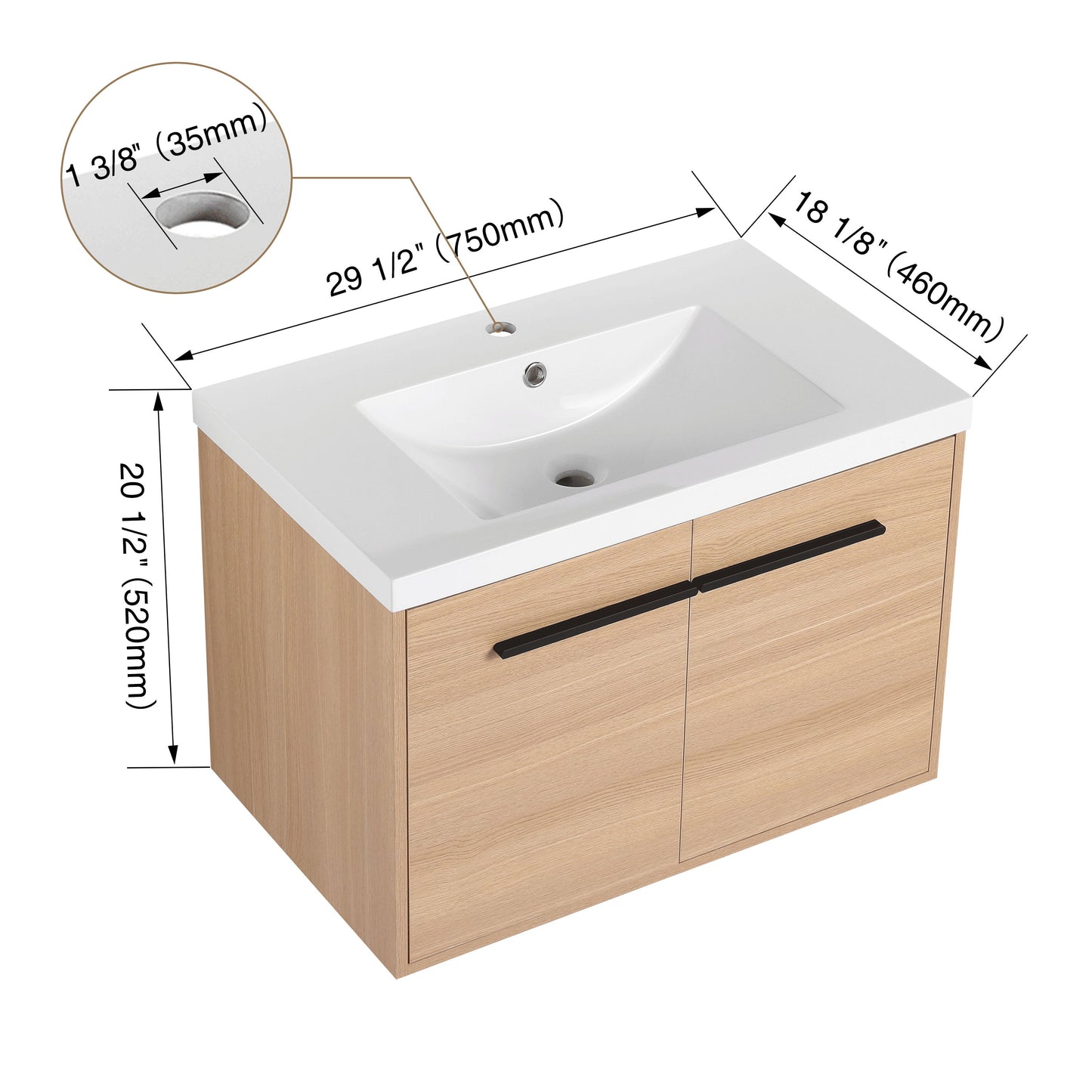 Bathroom Vanity With Resin Countertop Sink, 30" 2 Doors Cabinet Set - Oak
