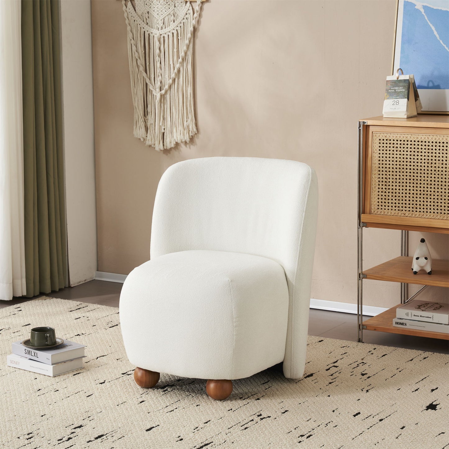 Modern Low Back Accent Chair, Upholstered Armless Living Room Chairs, Round Pine Wood Feet, For Small Living Spaces, Living Room - White